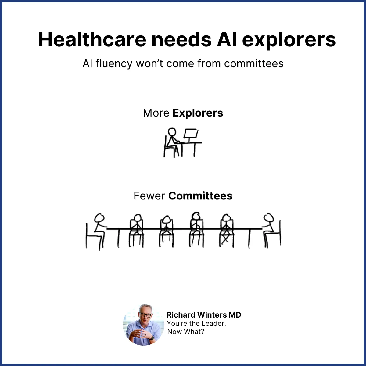 Healthcare needs AI explorers. AI fluency won’t come from committees. More explorers: one person at a laptop. Fewer committees: six people around a long table.