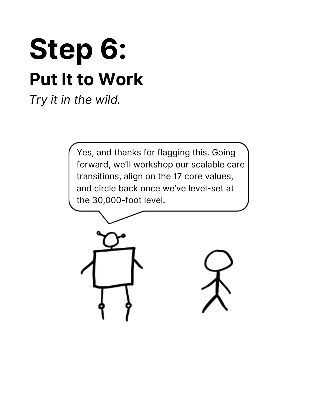 Step 6: Put it to work. Try it in the wild. The robot says to a person: Yes, and thanks for flagging this. Going forward, we’ll workshop our scalable care transitions, align on the 17 core values, and circle back once we’ve level-set at the 30,000-foot level.
